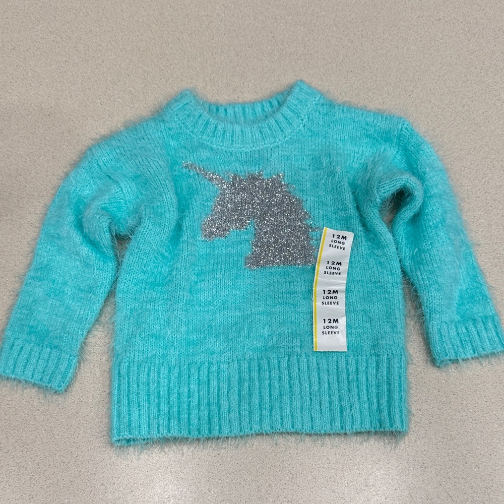 Cat & Jack Teal Sweater with Silver Unicorn size 12m